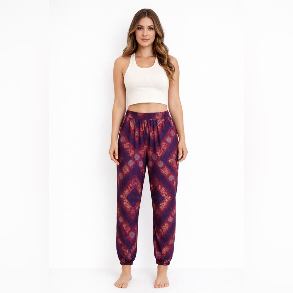 American Eagle Outfitters Red and Purple Casual Pants Elastic Waist
